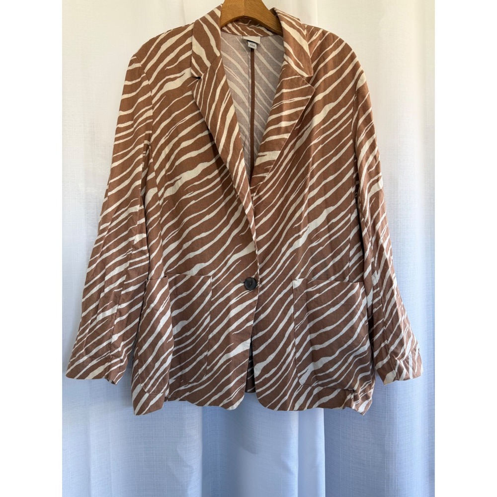A New Day Brown Zebra Print Linen Blend Blazer Jacket Women's XL Neutral